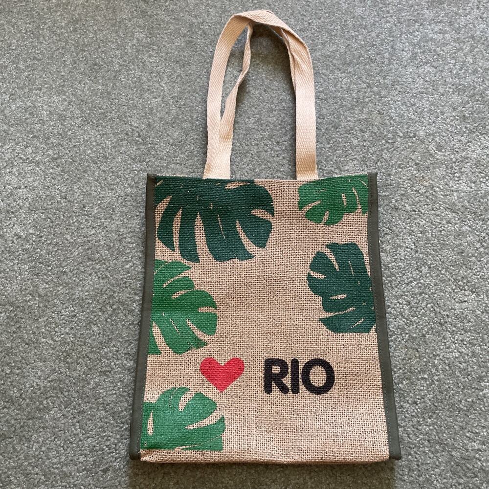 Love Rio Amazon Jute Burlap Medium Tote Shopping Bag Monstera Brazil 13 X 12”